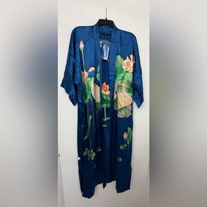 Satin Lace Maxi Blue Floral Kimono Robe